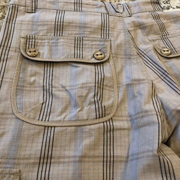 Mens Sz 34 Lightweight Cargo Shorts 12" Tan Plaid Adjustable Drawstring Waist HR - Picture 3 of 9